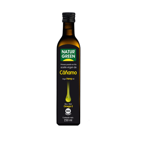 Jag Couture London - New York Naturgreen Hemp Oil 250ml bottle, dark glass container with label, on a white background.