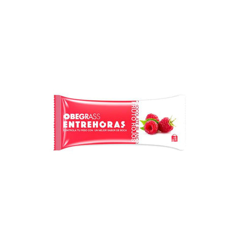 Actafarma Obegrass chocolate blanco y frutos rojos barrita entrehoras, 30g, with white chocolate and red berries visible.
