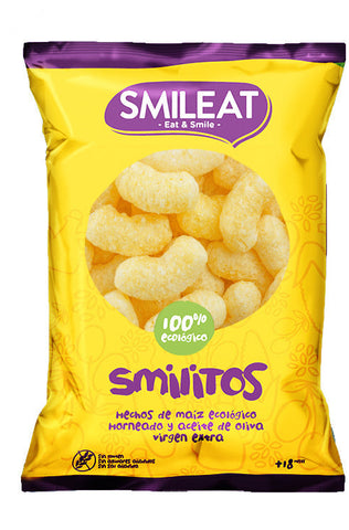 Organic maize snacks Smilitos by Smileat in 38g package, showcasing natural, crispy corn chips on a white background.