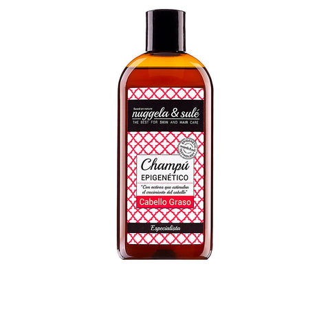 Nuggela & Sulé Epigenetico Fat Hair Shampoo 250ml bottle with label, shown in a natural setting with a white background.