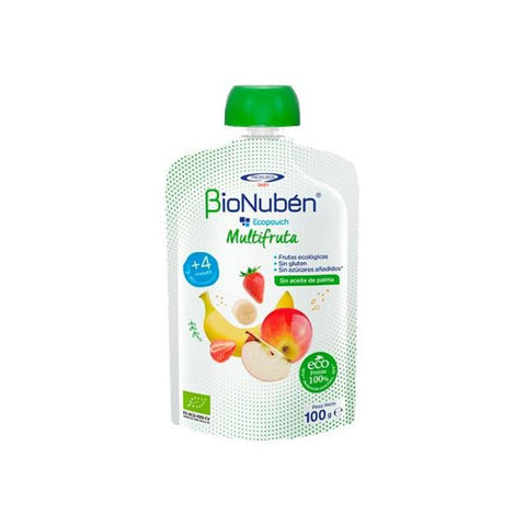 Bionubén Ecopouch Multifruit 100g organic baby food pouch with colorful fruit illustrations and resealable cap, by Jag Couture London - New York