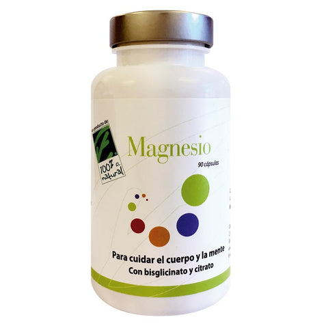 Buffet of 100% Natura Magnesio 90 capsules from Jag Couture London New York on a white background.