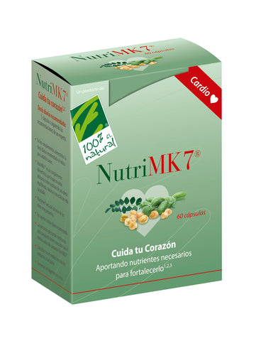 Jar of 100% Natura Nutrimk7 Cardio Perlas dietary supplement by Jag Couture London New York, showing the product label and capsules.