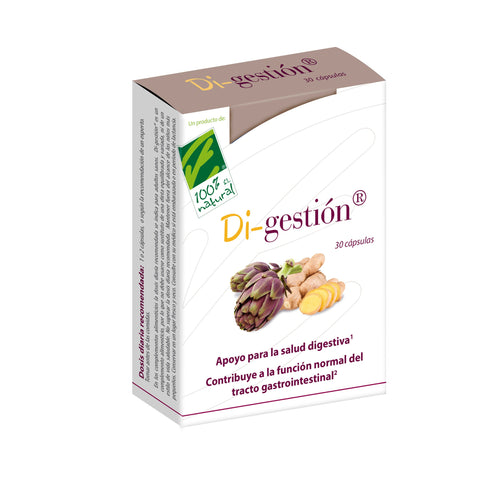 Bottle of 100% natura Di-Gestion dietary supplement capsules by Jag Couture London New York, with label and cap visible.