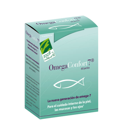 Jag Couture London OmegaConfort7 60 softgel capsules, natural omega-3 supplement with fish oil, in a clear bottle with a white cap.