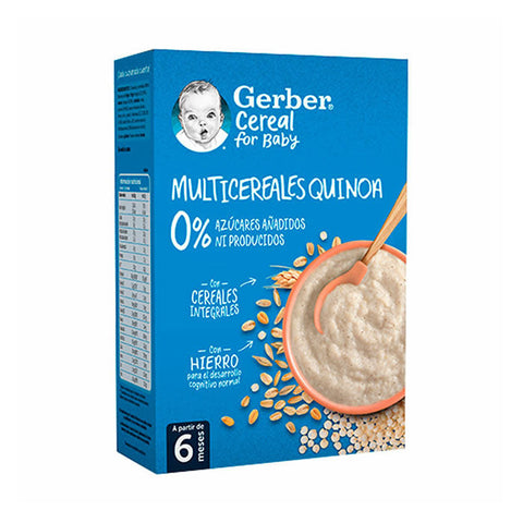 Jar of Gerber Multicereal Quinoa, 270g, by Jag Couture London - New York, featuring a clear label and colorful packaging.