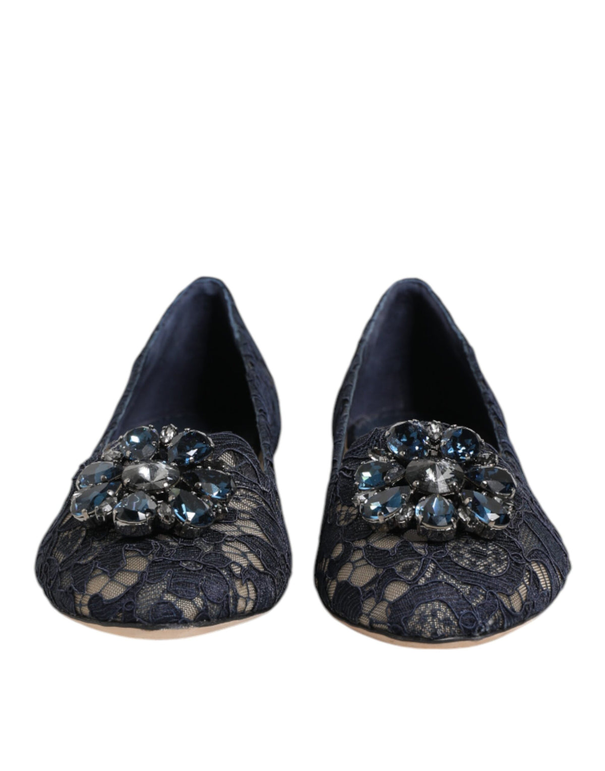 Blue Taormina lace flats shoes with crystal embellishments by Dolce & Gabbana, featuring intricate lace details and elegant design.