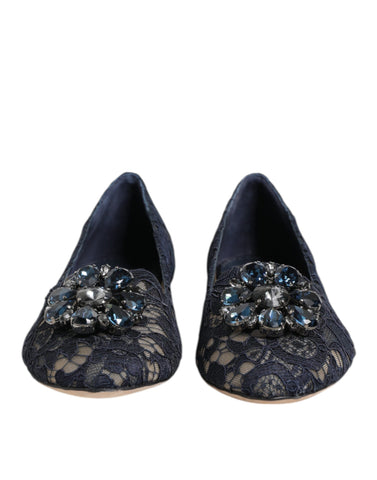 Blue Taormina lace flats shoes with crystal embellishments by Dolce & Gabbana, featuring intricate lace details and elegant design.