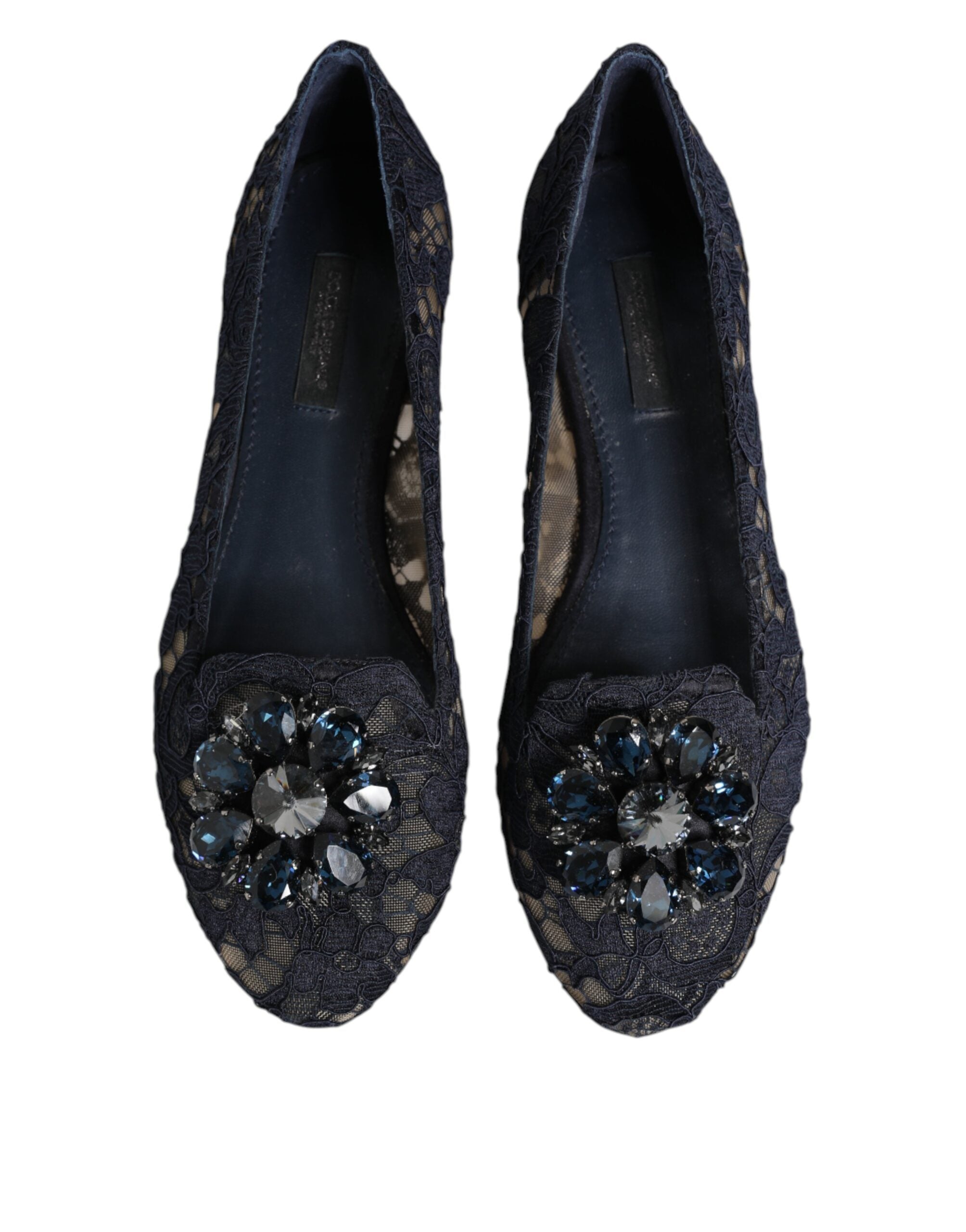 Blue Taormina Lace Crystal Flats Shoes by Dolce & Gabbana with lace upper and crystal embellishments, on a neutral background.