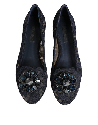 Blue Taormina Lace Crystal Flats Shoes by Dolce & Gabbana with lace upper and crystal embellishments, on a neutral background.