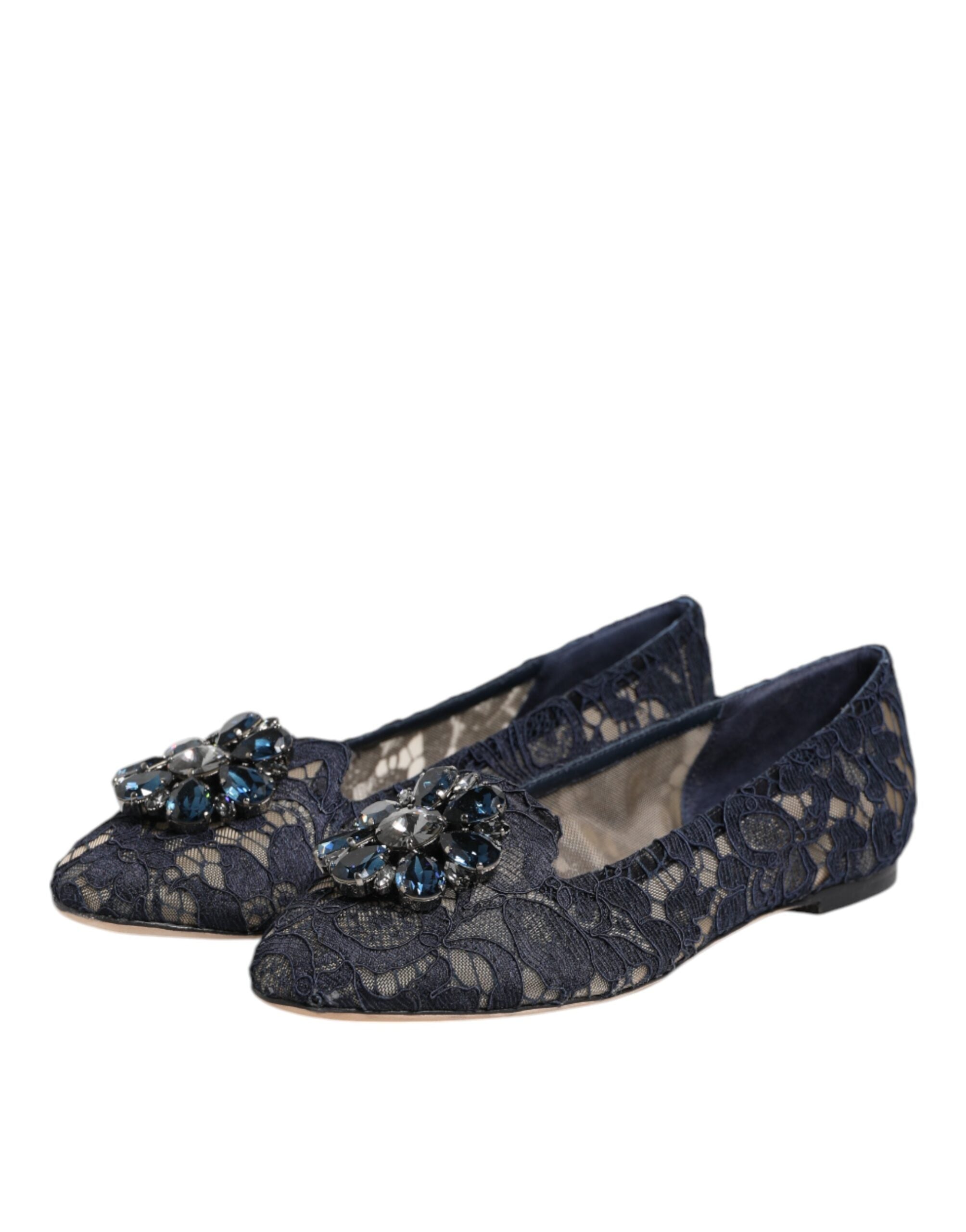 Blue Taormina lace flats shoes by Dolce & Gabbana with crystal embellishments, featuring a sleek, elegant design.