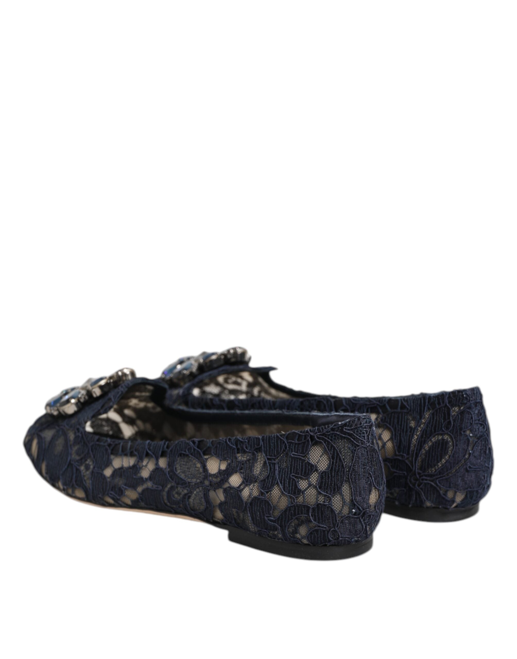 Blue Taormina lace flats shoes with crystal embellishments by Dolce & Gabbana, featuring intricate lace detailing and a stylish flat design.