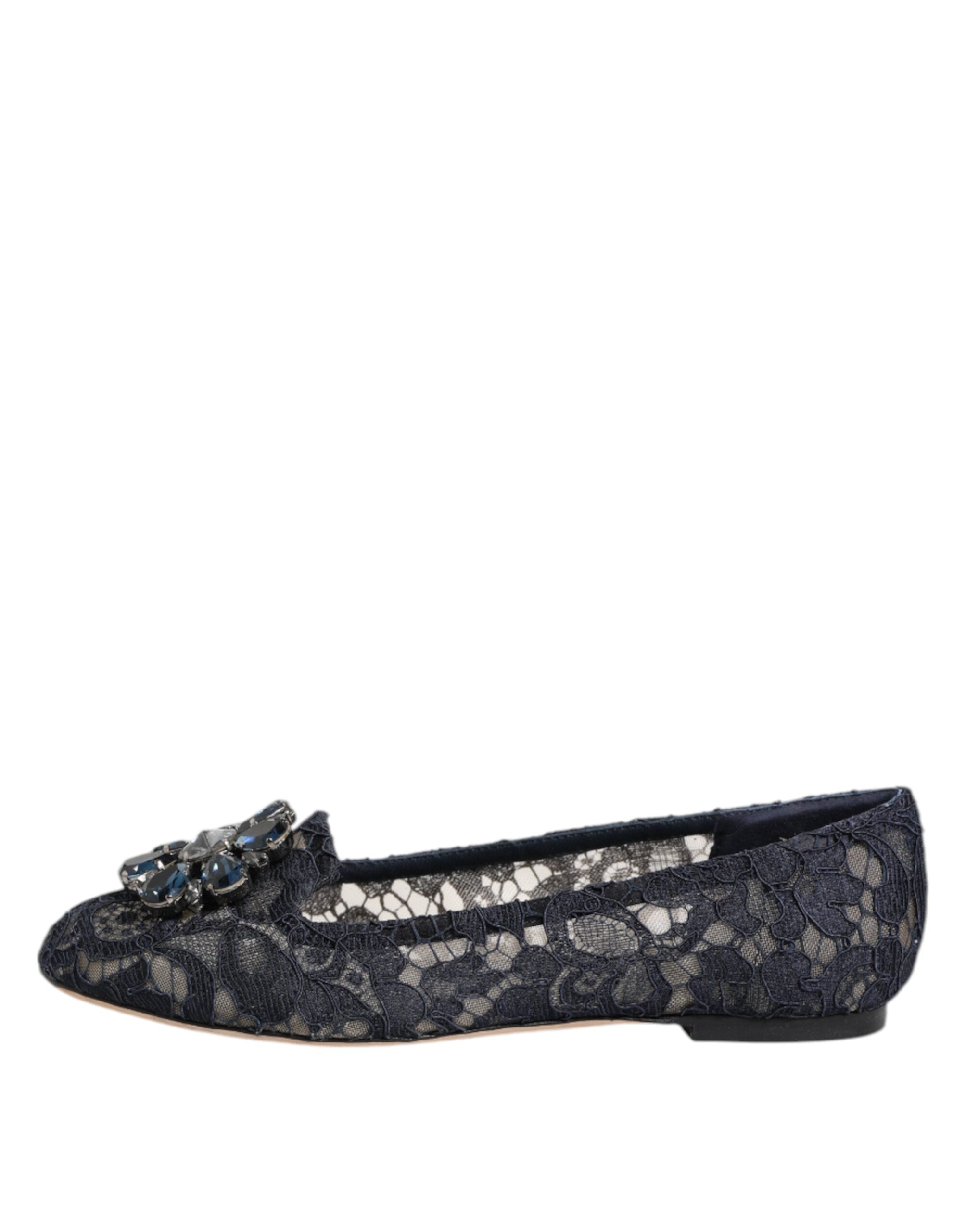 Blue Taormina Lace Crystals flats shoes by Dolce & Gabbana with intricate lace detailing and crystal embellishments.