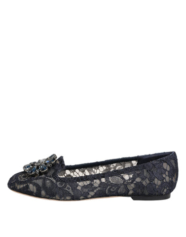 Blue Taormina Lace Crystals flats shoes by Dolce & Gabbana with intricate lace detailing and crystal embellishments.