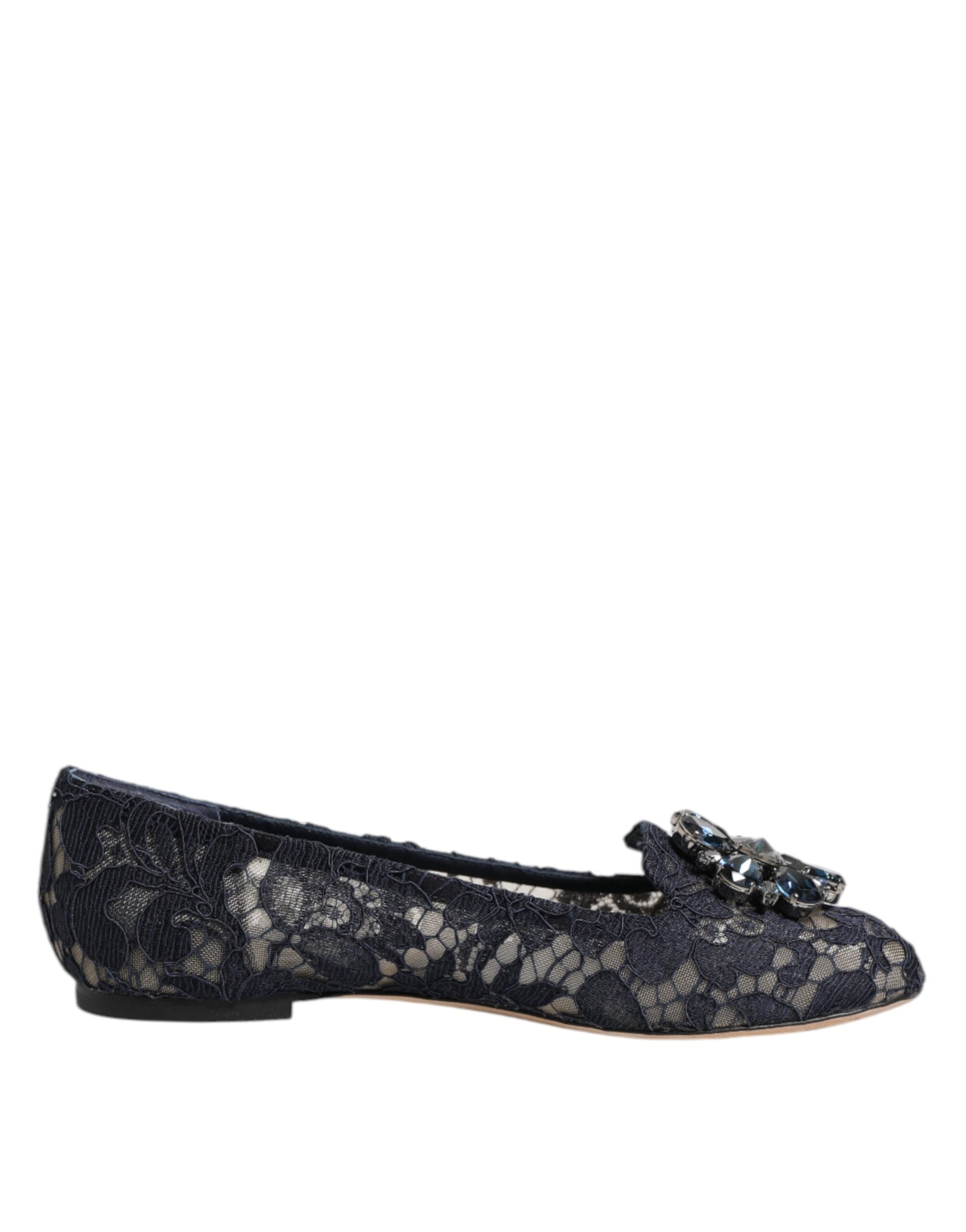 Blue Taormina Lace Crystals flats shoes by Dolce & Gabbana featuring lace detailing and crystal embellishments.