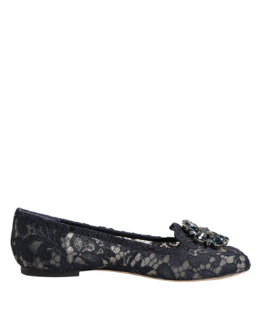 Blue Taormina Lace Flats Shoes with crystal embellishments by Dolce & Gabbana, featuring intricate lace detailing and a sleek flat design.