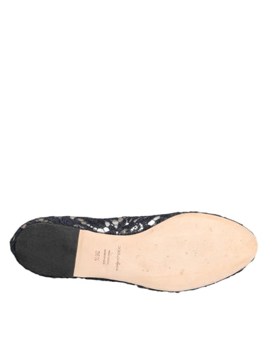 Blue Taormina lace flats shoes with crystal embellishments by Dolce & Gabbana, featuring delicate lace and elegant design.