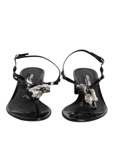 Black Leather Crystal Ankle Strap Sandals Shoes