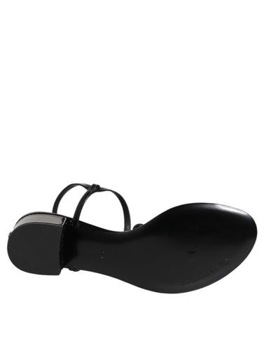 Black Leather Crystal Ankle Strap Sandals Shoes