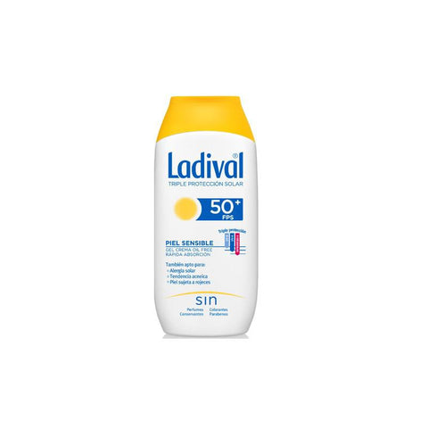 Ladival Piel Sensible SPF50 sunscreen in 200ml bottle, suitable for sensitive skin, with protective label on the container.