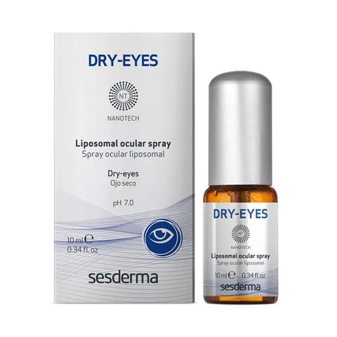 Liposomal eye spray by Sesderma for dry eyes, in a 10ml bottle, displayed with packaging and spray nozzle.