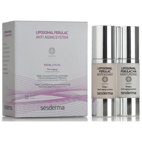 Sesderma Liposomal Ferulac Anti-Aging System in two 30ml bottles, featuring serum and skincare treatment from Jag Couture London.