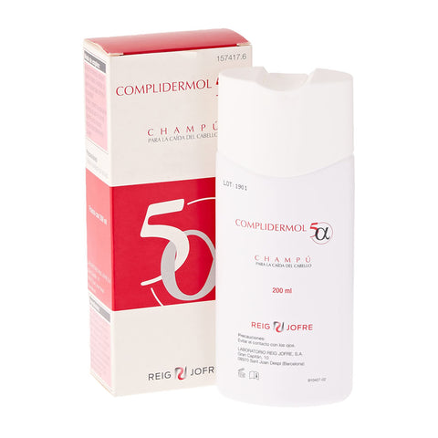 Jag Couture London Anti-Hair Loss Shampoo Complidermol 5 Alpha in 200ml bottle, with shampoo and hair care ingredients visible.