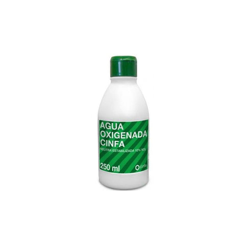 Bottle of Cinfa 250ml hydrogen peroxide solution by Jag Couture London - New York, with clear label and cap.