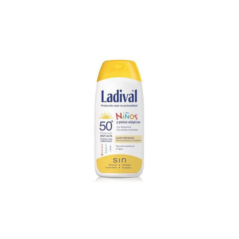 Ladival Niños Leche SPF50 sunscreen lotion in 200ml bottle, suitable for kids, with a child-friendly packaging and gentle formula.