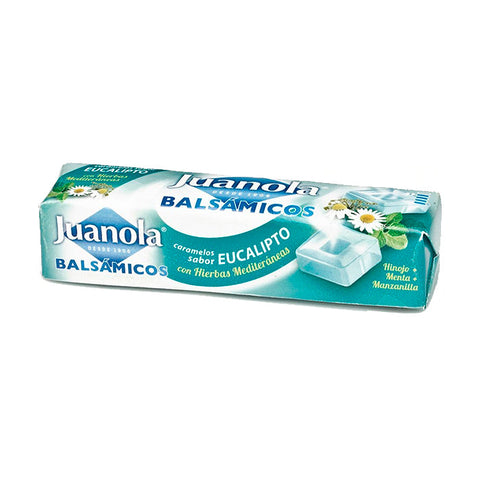 Eucalyptus Vitamin C candies by Juanola, shown in a yellow and green wrapper, promoting fresh breath and immune support.