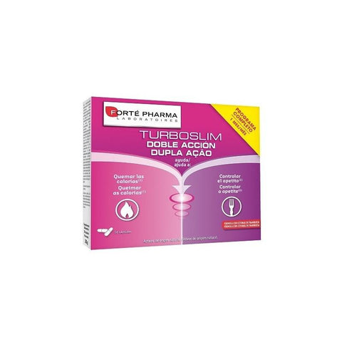 Forté Pharma Turboslim Double Action dietary supplement capsules in a blister pack, designed for weight management.