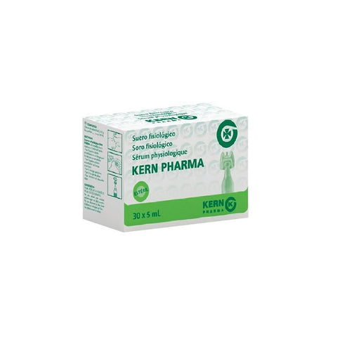Box of 30 single 5ml units of Kern Pharma Physiological Saline Solution, ideal for medical or skincare use.