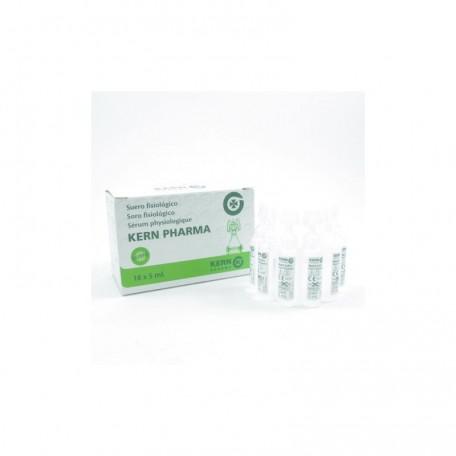 Box of 18 single-use 5ml saline solution vials by Kern Pharma, used for medical and nasal irrigation purposes.