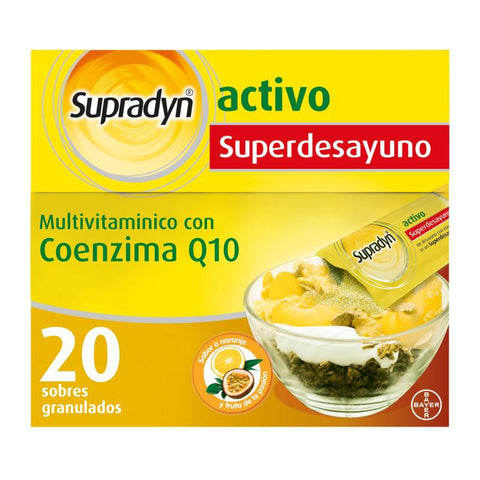 Bayer Supradyn® Active Superbreakfast multivitamins in 20 packs, shown in blister packaging with colorful branding for energy boost.