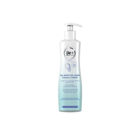 Be+ Pediatrics soap-free bath gel in 500ml bottle, gentle for children, with soft, clear liquid and pump dispenser.