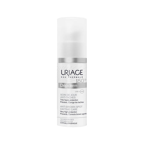 Uriage Dépiderm 30ml skincare tube with white and blue packaging, displayed on a neutral background.