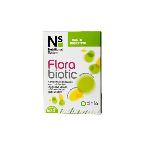 N+s Florabiotic probiotic supplement bottle with 30 capsules from Jag Couture London New York, featuring colorful label and cap.
