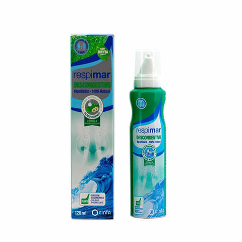 Bottle of Cinfa Respimar decongestant nasal spray, 120ml, with packaging label visible.