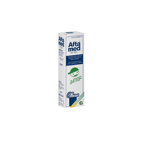 Kern Pharma Aftamed Gel Junior 15ml tube, a soothing oral gel for children, with branding details visible.