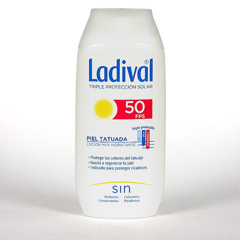 Ladival Tattooed Skin Lotion SPF50 by Jag Couture London New York, 200ml bottle, showing the product label and packaging.