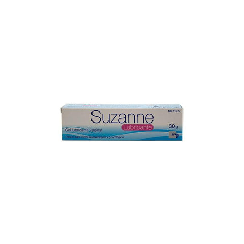 Vaginal lubricant tube labeled Suzanne Lubricante by Jag Couture London New York, 30g, with a sleek design and product information on the packaging.