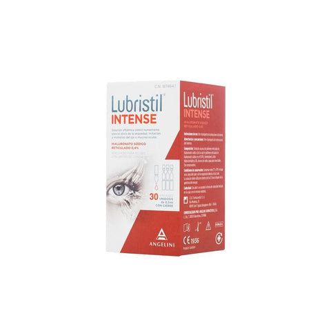 Angelini Lubristil Intense 30 single-dose bottles, a moisturizing eye drop product by Jag Couture London New York.