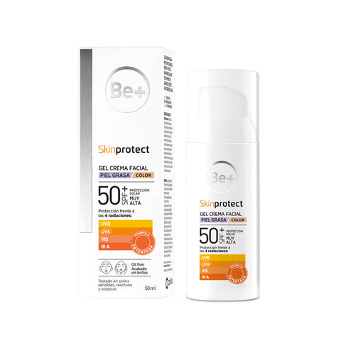 Jag Couture London Be+ Skinprotect oily skin face gel with SPF 50+ in 50ml, showing the lightweight, clear gel texture.