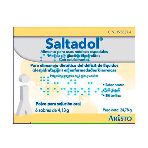 Saltadol oral solution powder sachets from Jag Couture London - New York, shown in their packaging with six sachets.