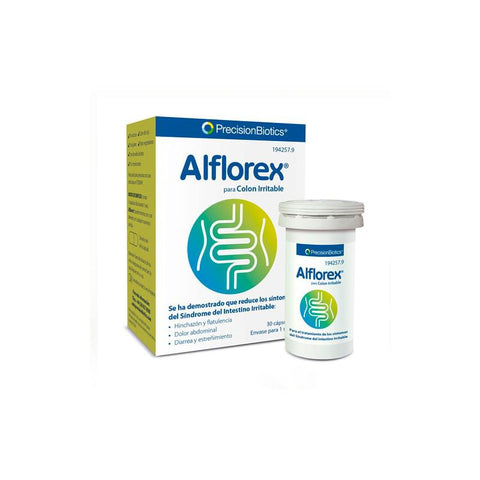 Aflorex Irritable Bowel 30 tablets bottle by Jag Couture London with label and tablet packaging visible.