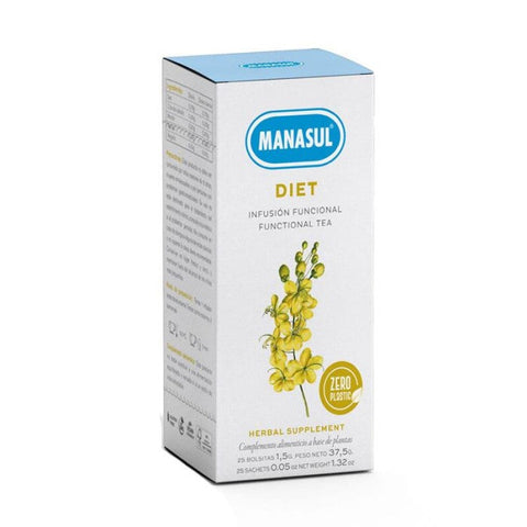 Jag Couture London - New York Manasul Diet Bio 25 tea sachets in a box, featuring herbal tea with natural ingredients.