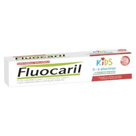 Fluocaril Kids strawberry flavored toothpaste for ages 2 to 6, 50ml tube, with colorful packaging and cartoon character design.