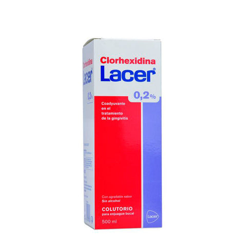 Lacer Mouthwash Clorhexidina 0.2% in a 500ml bottle, by Jag Couture London - New York, with label and cap visible.