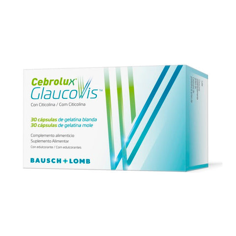 Bausch Lomb Cebrolux Glaucovis TM 30 capsules in a clear container, used for eye health and vision support.