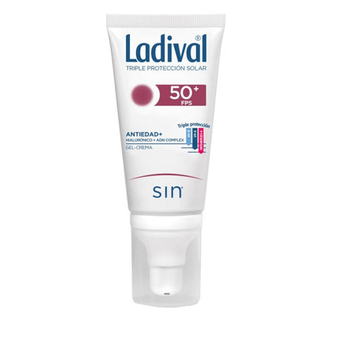 Ladival Anti-Aging Gel-Cream SPF 50+ in 50ml jar, featuring a smooth, hydrating texture and sun protection for mature skin.
